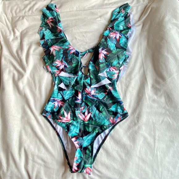 One left ** Floral Palm Print One Piece Monokini - Picture 4 of 4
